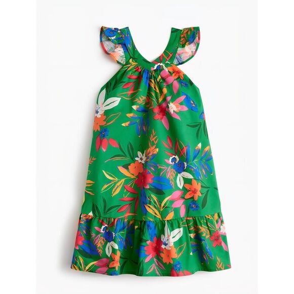 NWT Crewcuts J.Crew Girls Tropical Ruffle Dress Sz14 Clover Green Floral Summer - Picture 1 of 8